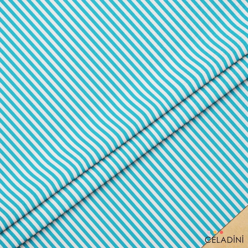 Turkuaz Beyaz 1x1 cm Süper İnce Çizgili Kumaş