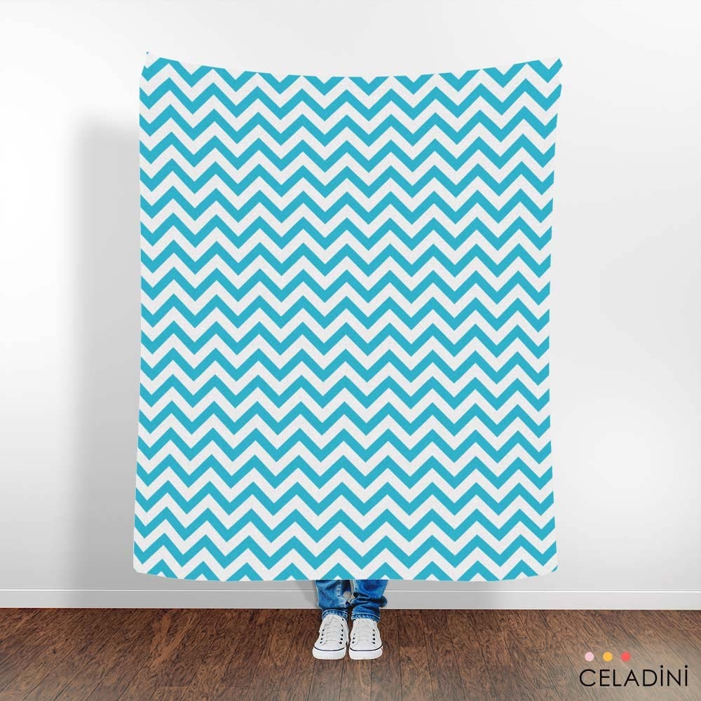 Turkuaz Beyaz Zigzag (Chevron) Kumaş