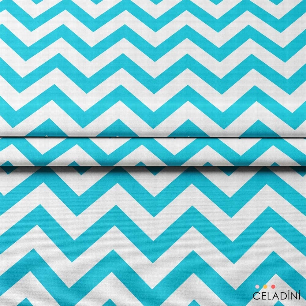 Turkuaz Beyaz Zigzag (Chevron) Kumaş