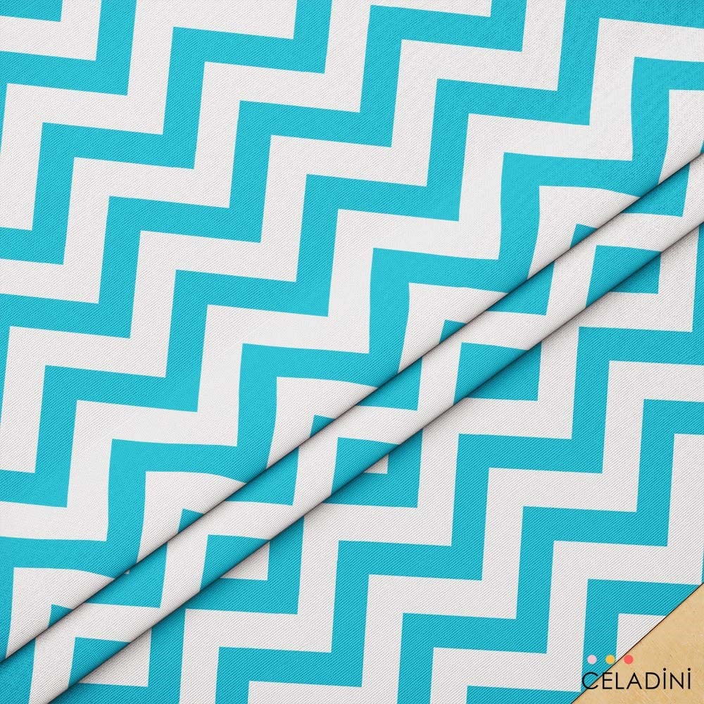 Turkuaz Beyaz Zigzag (Chevron) Kumaş