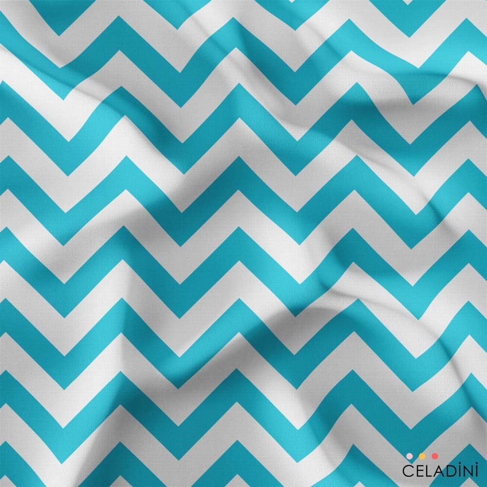 Turkuaz Beyaz Zigzag (Chevron) Kumaş