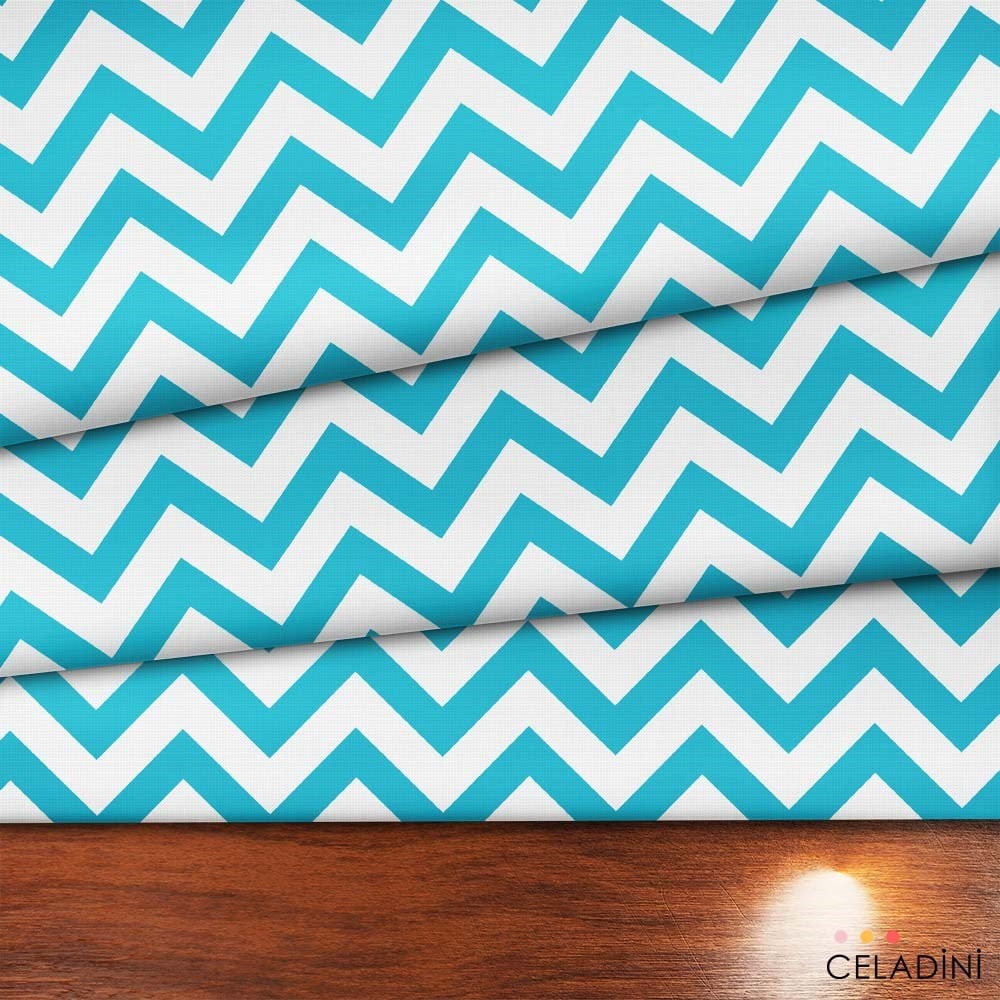 Turkuaz Beyaz Zigzag (Chevron) Kumaş