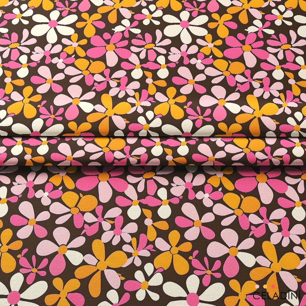 Turuncu Pembe Retro Çiçekli Kumaş