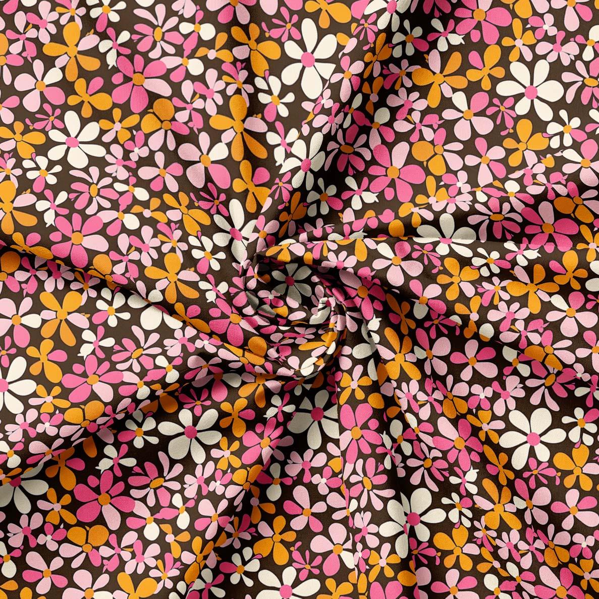 Turuncu Pembe Retro Çiçekli Kumaş