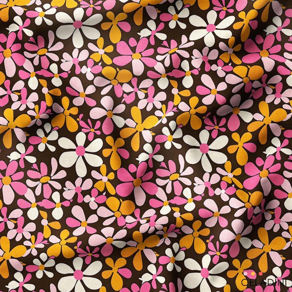 Turuncu Pembe Retro Çiçekli Kumaş