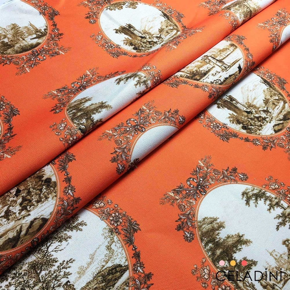 Turuncu-Sepia Toile de Jouy Desenli Kumaş