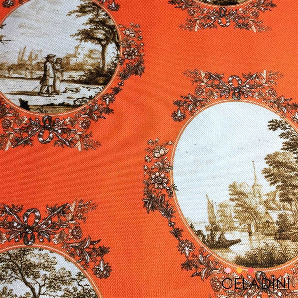 Turuncu-Sepia Toile de Jouy Desenli Kumaş