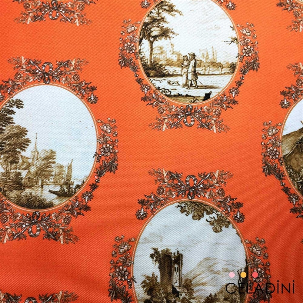 Turuncu-Sepia Toile de Jouy Desenli Kumaş