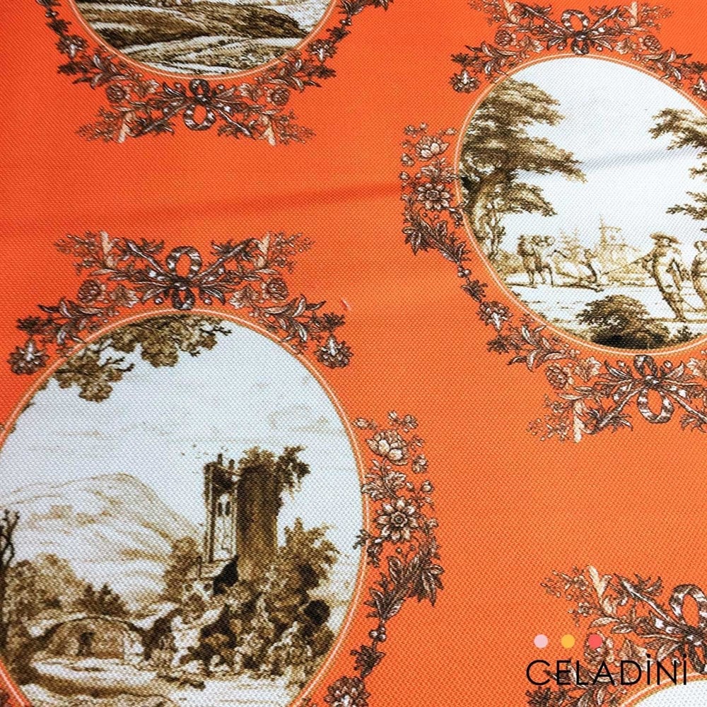Turuncu-Sepia Toile de Jouy Desenli Kumaş