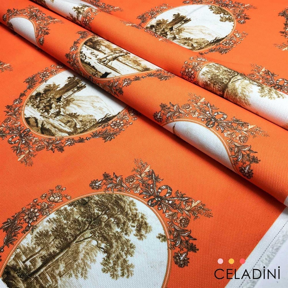 Turuncu-Sepia Toile de Jouy Desenli Kumaş