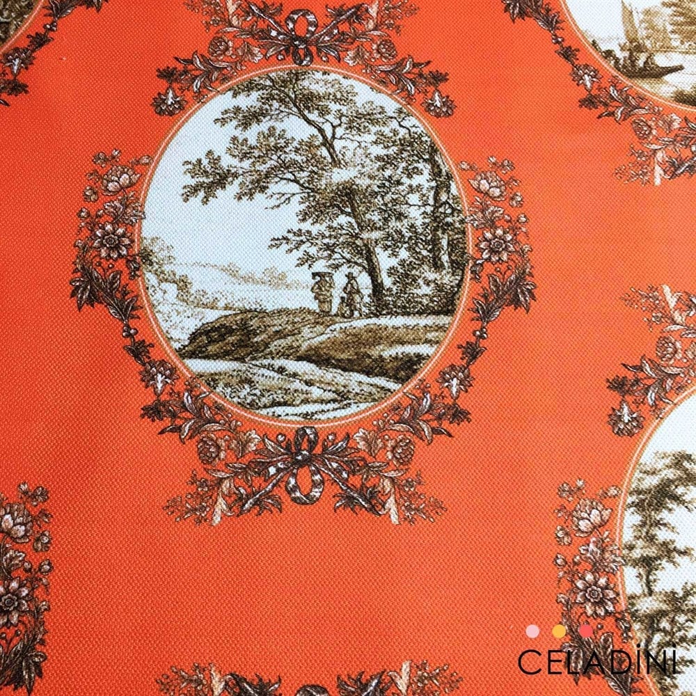 Turuncu-Sepia Toile de Jouy Desenli Kumaş