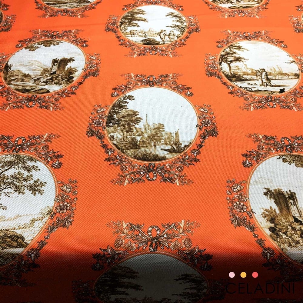 Turuncu-Sepia Toile de Jouy Desenli Kumaş