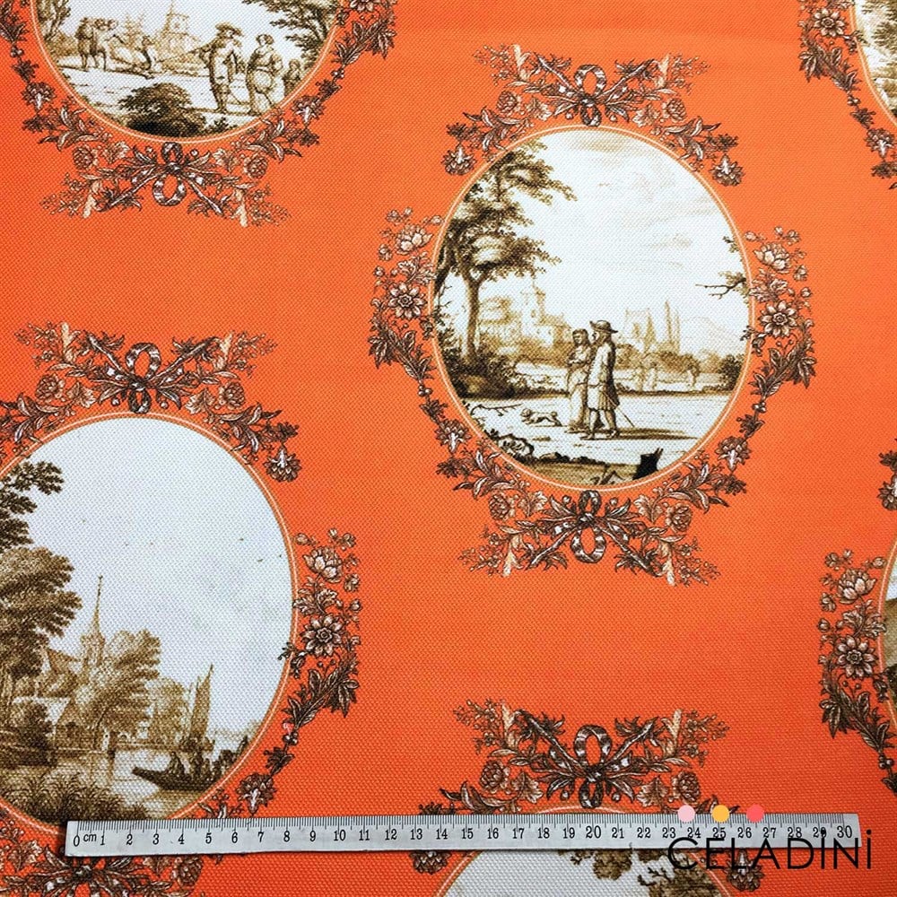 Turuncu-Sepia Toile de Jouy Desenli Kumaş