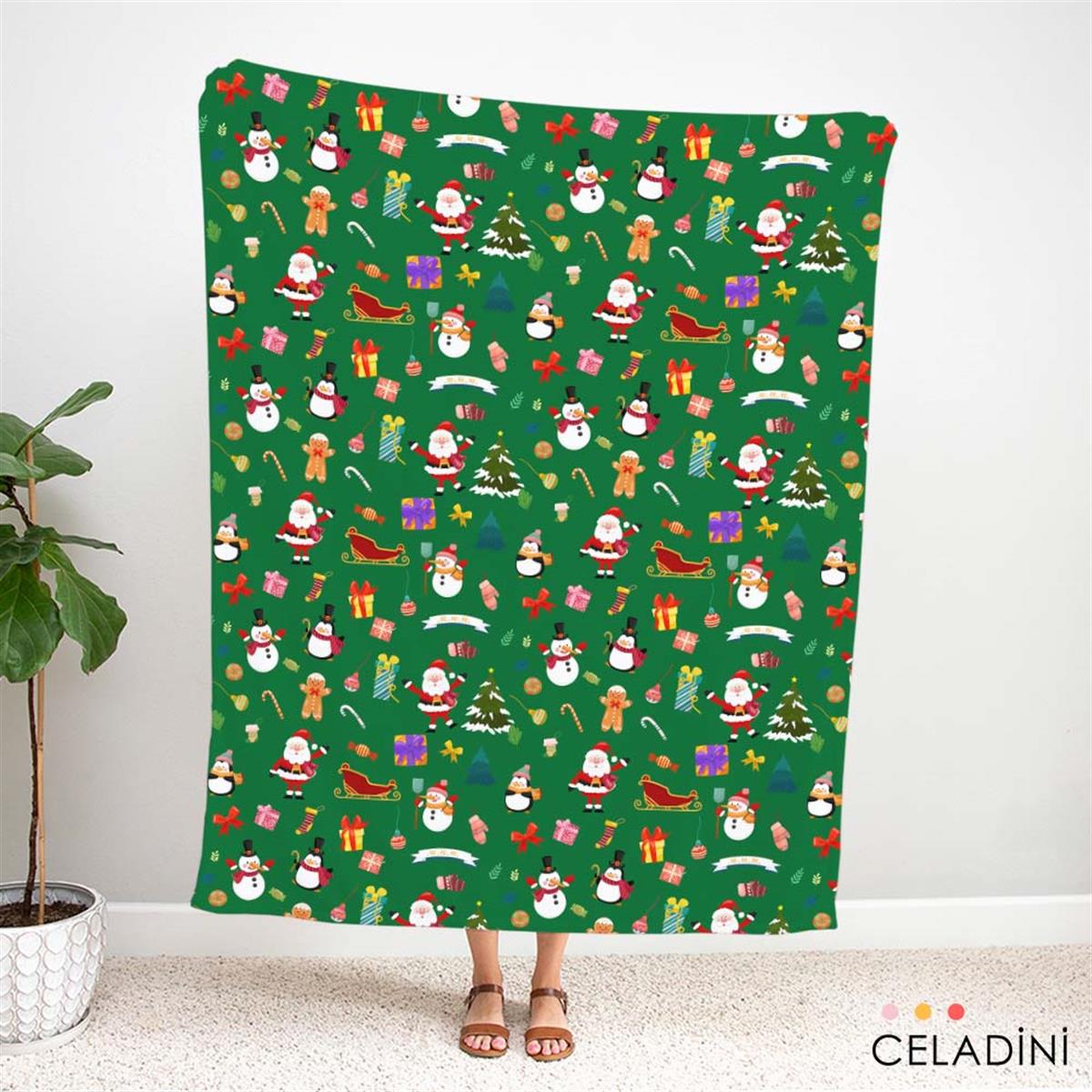 Yeşil Fon Noel Baba Penguen Yılbaşı Kumaşı