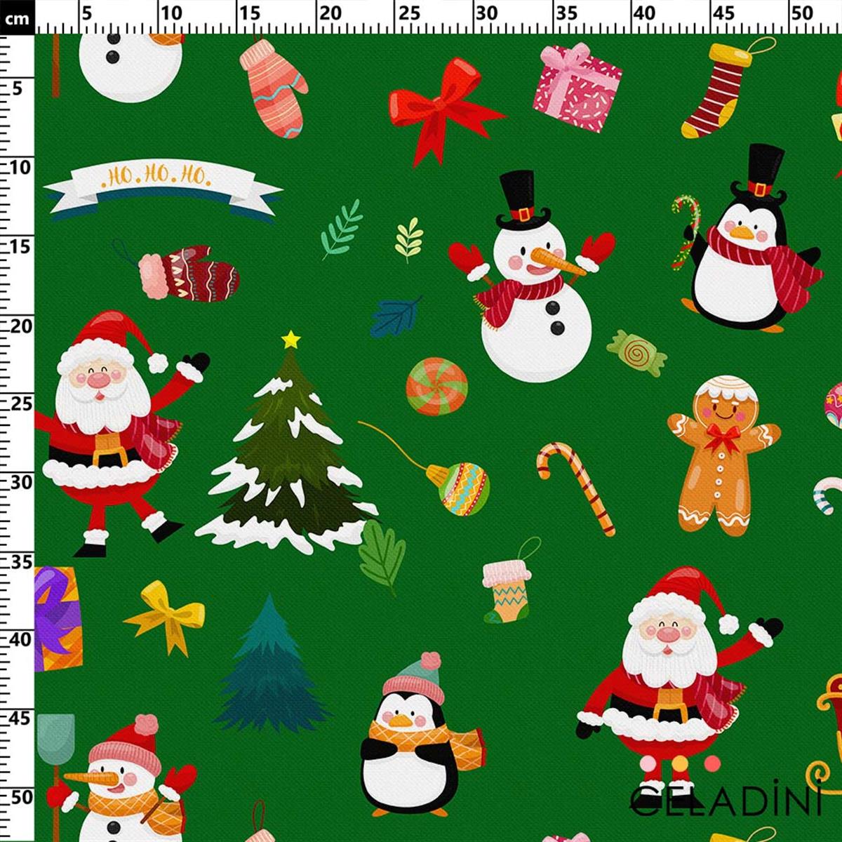 Yeşil Fon Noel Baba Penguen Yılbaşı Kumaşı