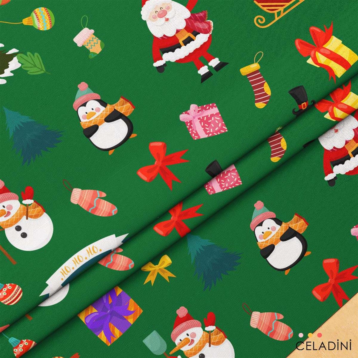 Yeşil Fon Noel Baba Penguen Yılbaşı Kumaşı