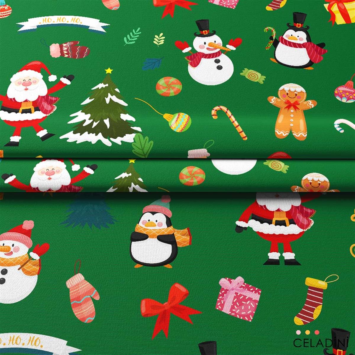 Yeşil Fon Noel Baba Penguen Yılbaşı Kumaşı