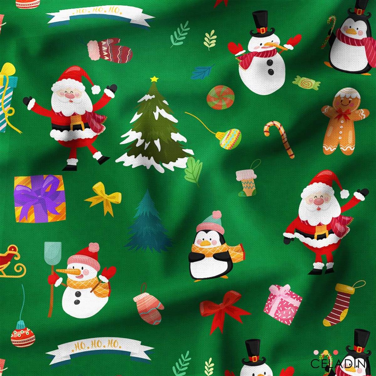 Yeşil Fon Noel Baba Penguen Yılbaşı Kumaşı