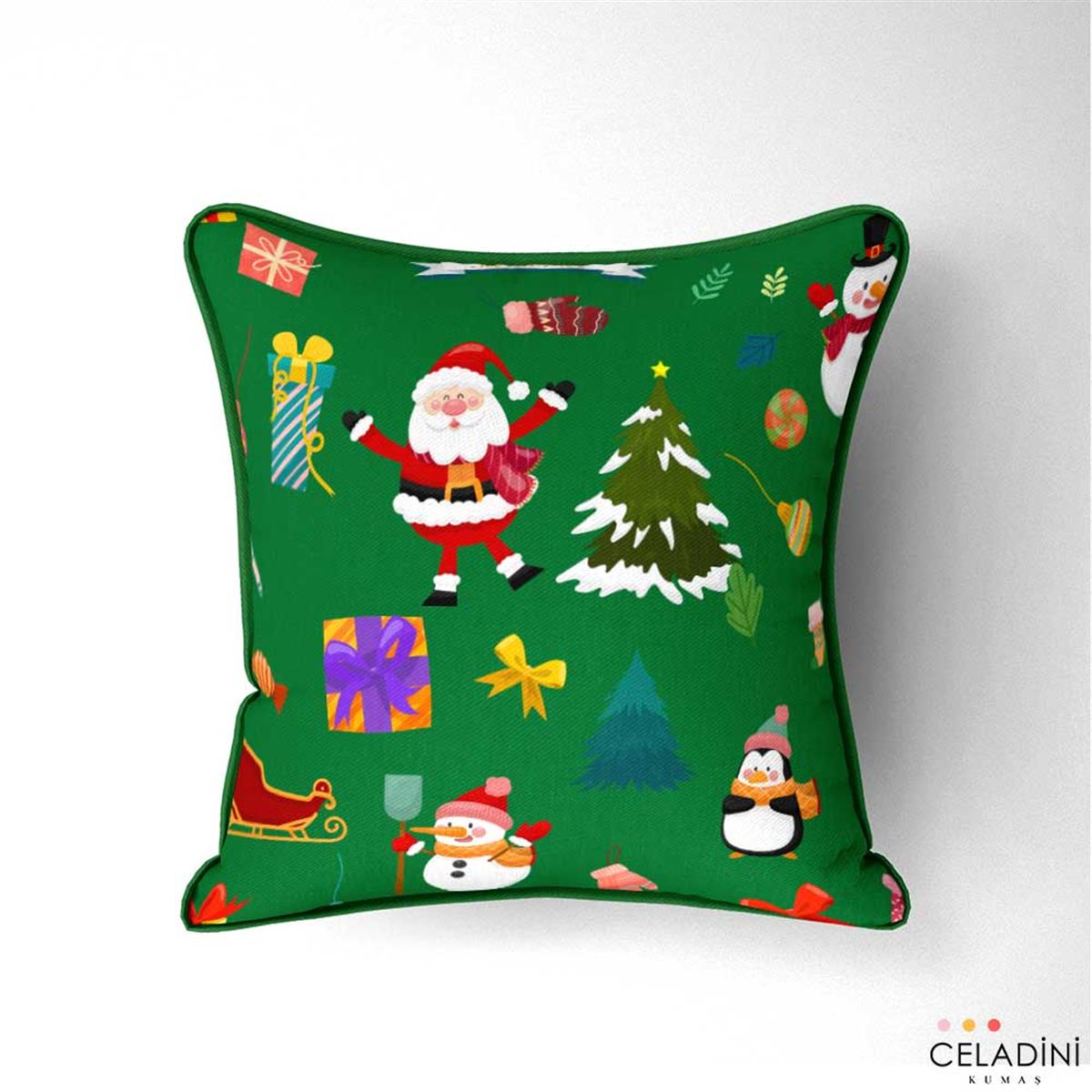 Yeşil Fon Noel Baba Penguen Yılbaşı Kumaşı