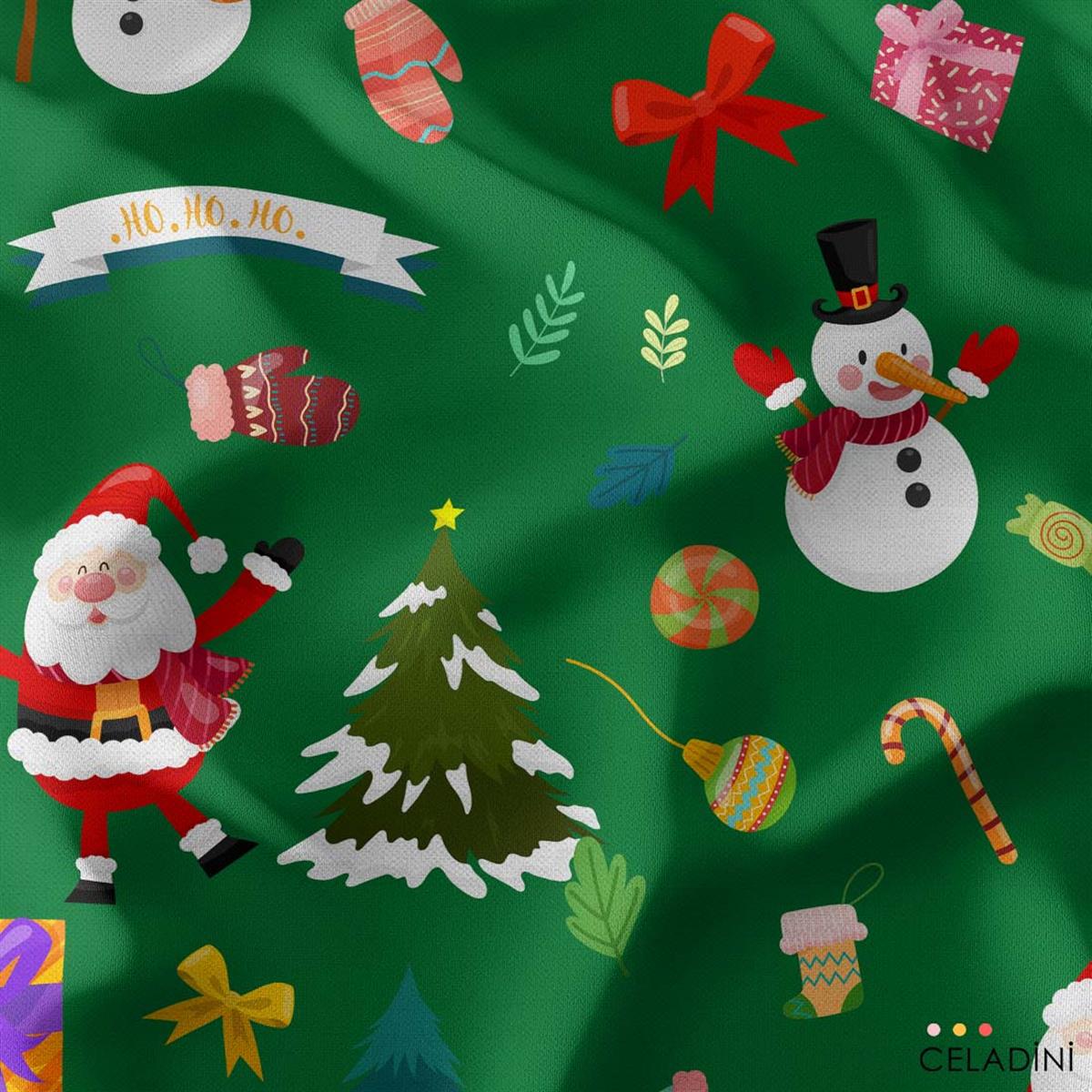 Yeşil Fon Noel Baba Penguen Yılbaşı Kumaşı