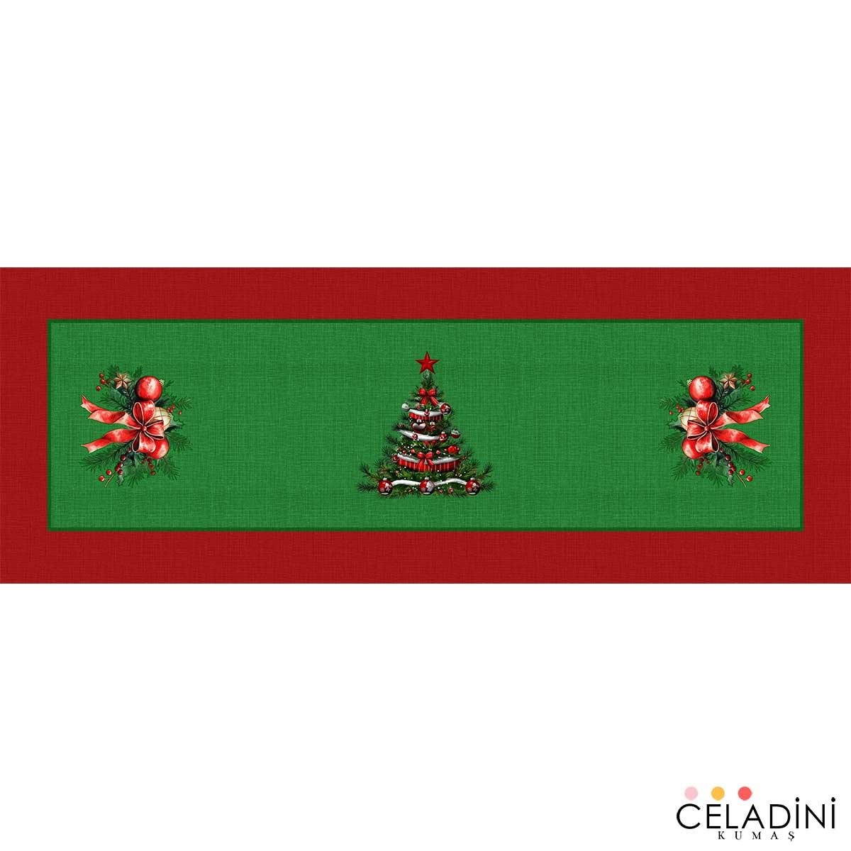 Yeşil Kırmızı Yılbaşı Desenli Runner Kumaşı