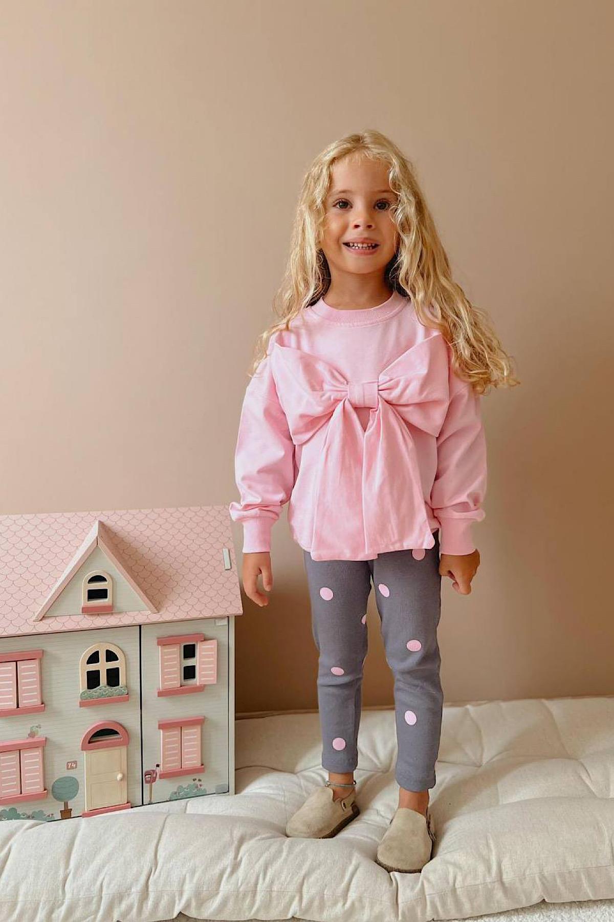 Kız Çocuk Fiyonklu Sweatshirt Taytlı TakımVMC-1573-PEMBE