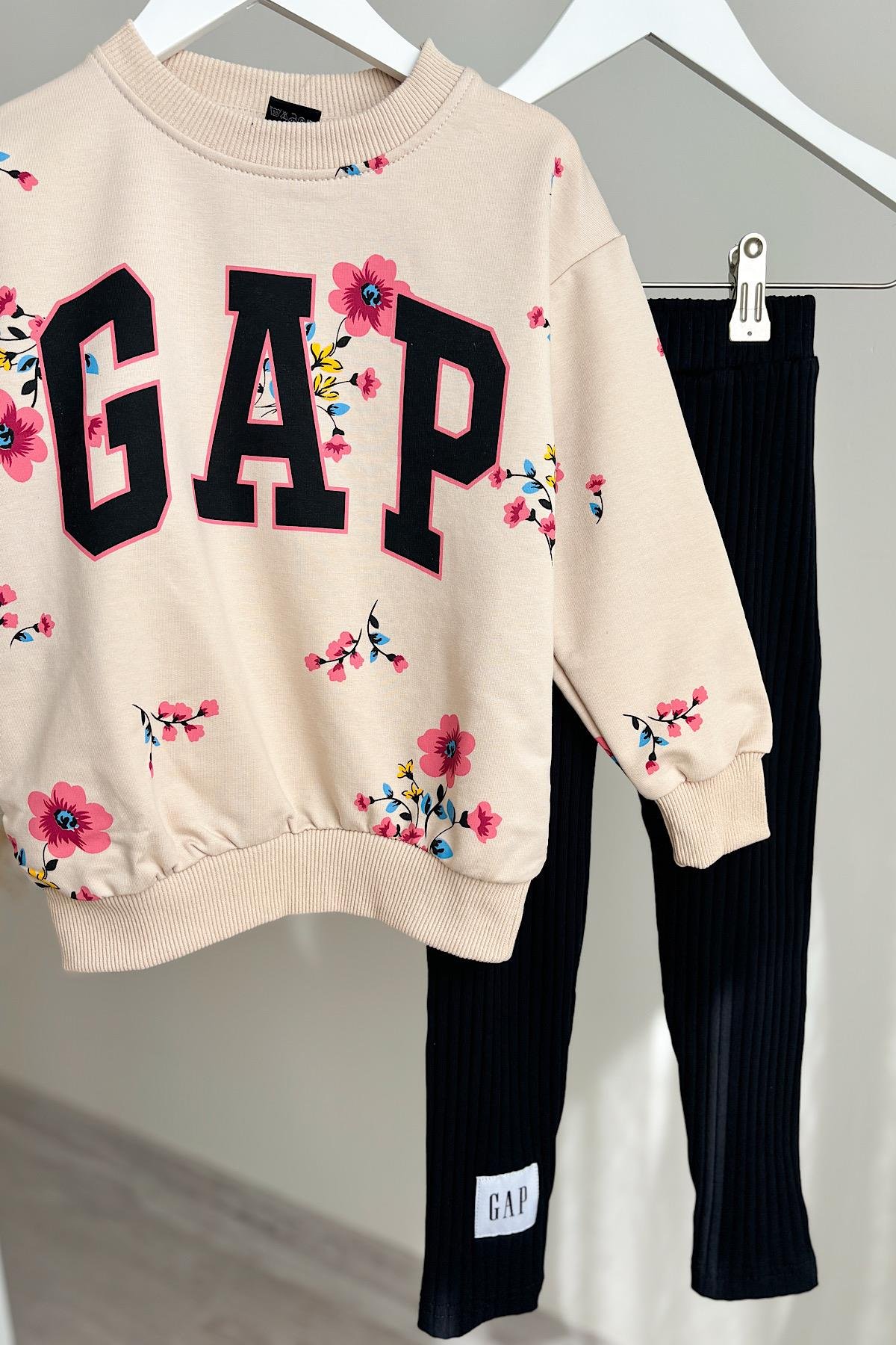 Kız Çocuk Gp Sweatshirt Fitilli Tayt TakımVMC-1537-SİYAH