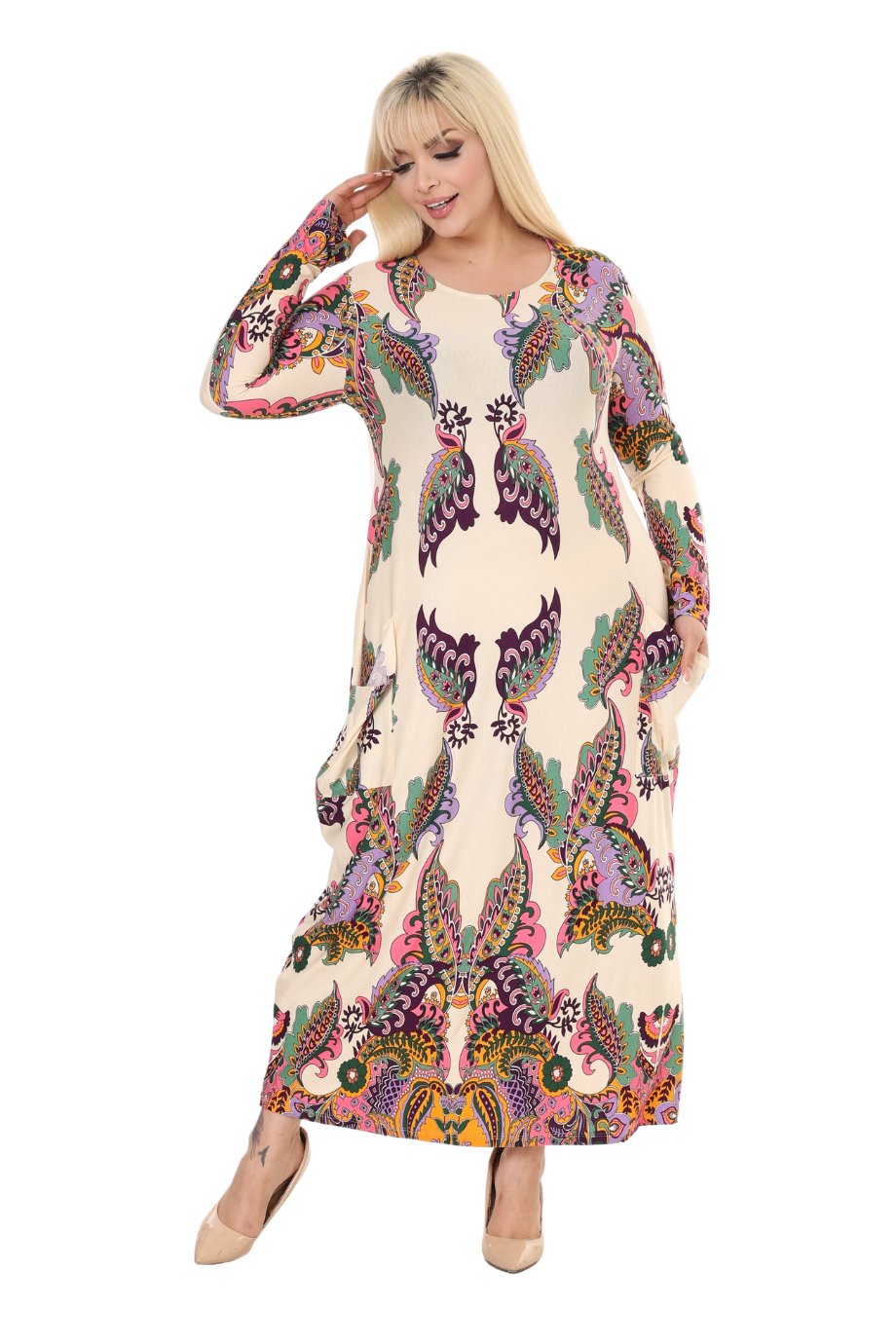 Melsay Butik Bej Şal Desen Uzun Kollu Cepli Uzun Elbise