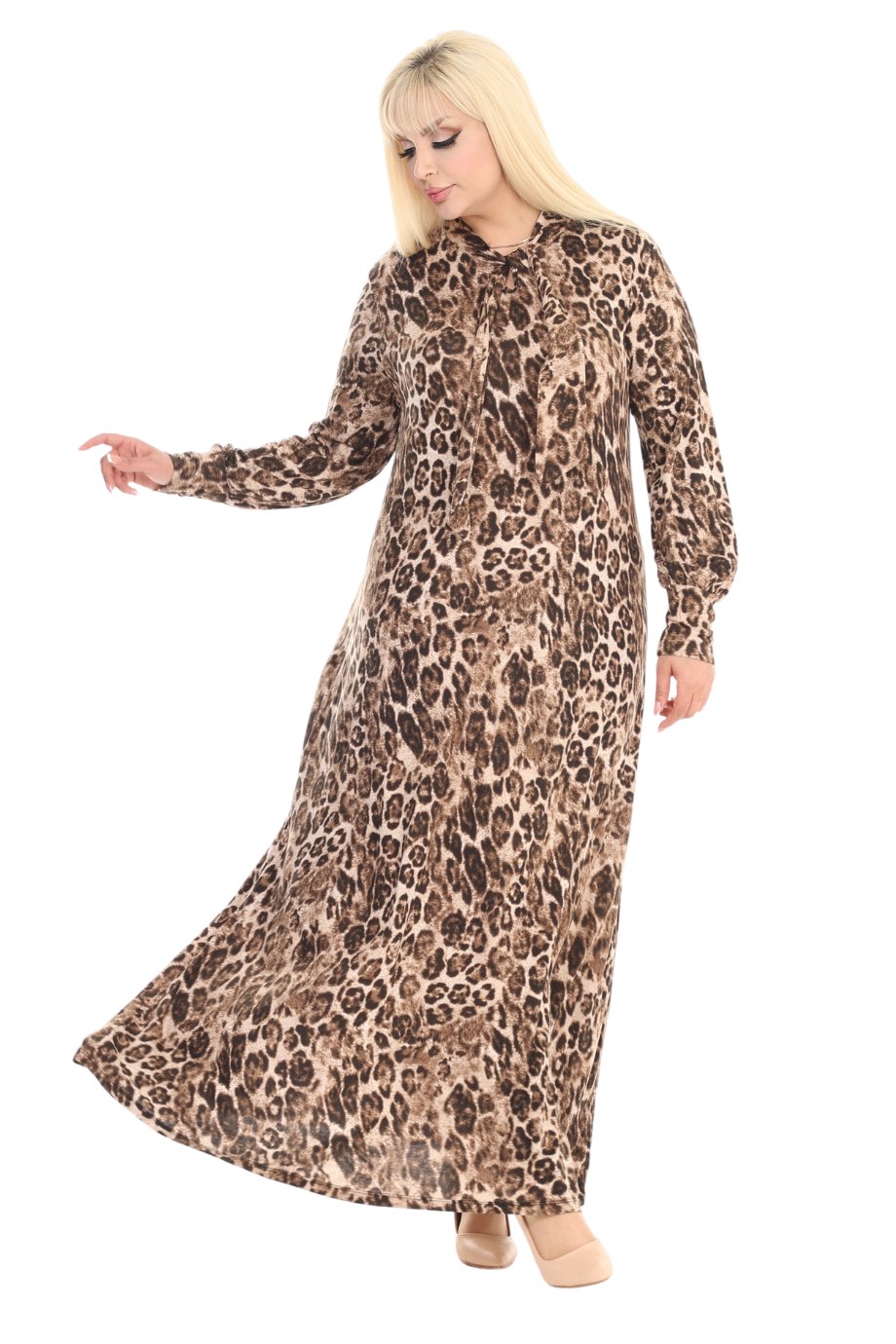 Melsay Butik Fularlı Leopar Desen Uzun Kollu Büyük Beden Kadın Elbise