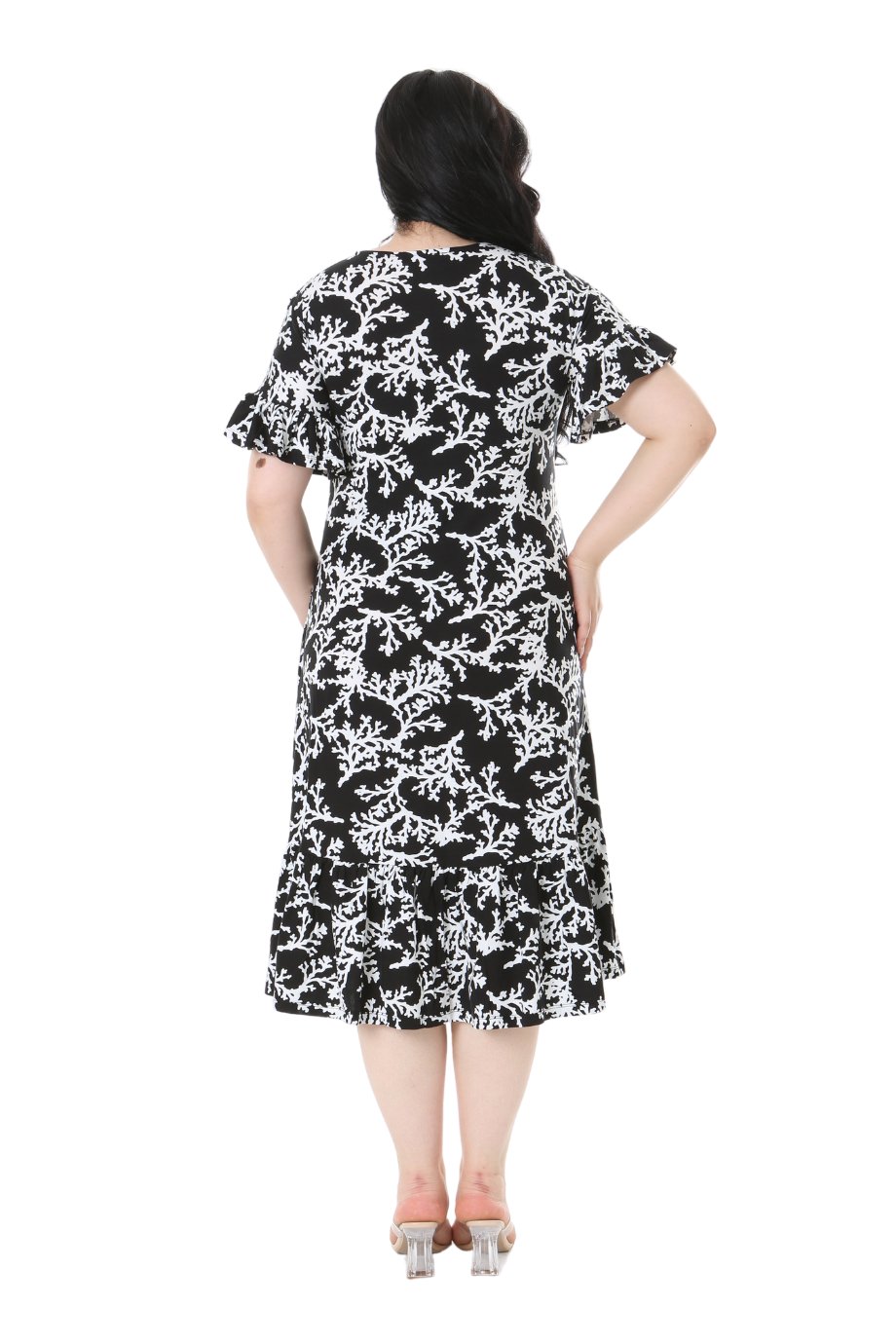 Melsay Butik Kısa Kollu Fırfırlı Cepli Siyah Beyaz Mercan Desenli Midi Elbise
