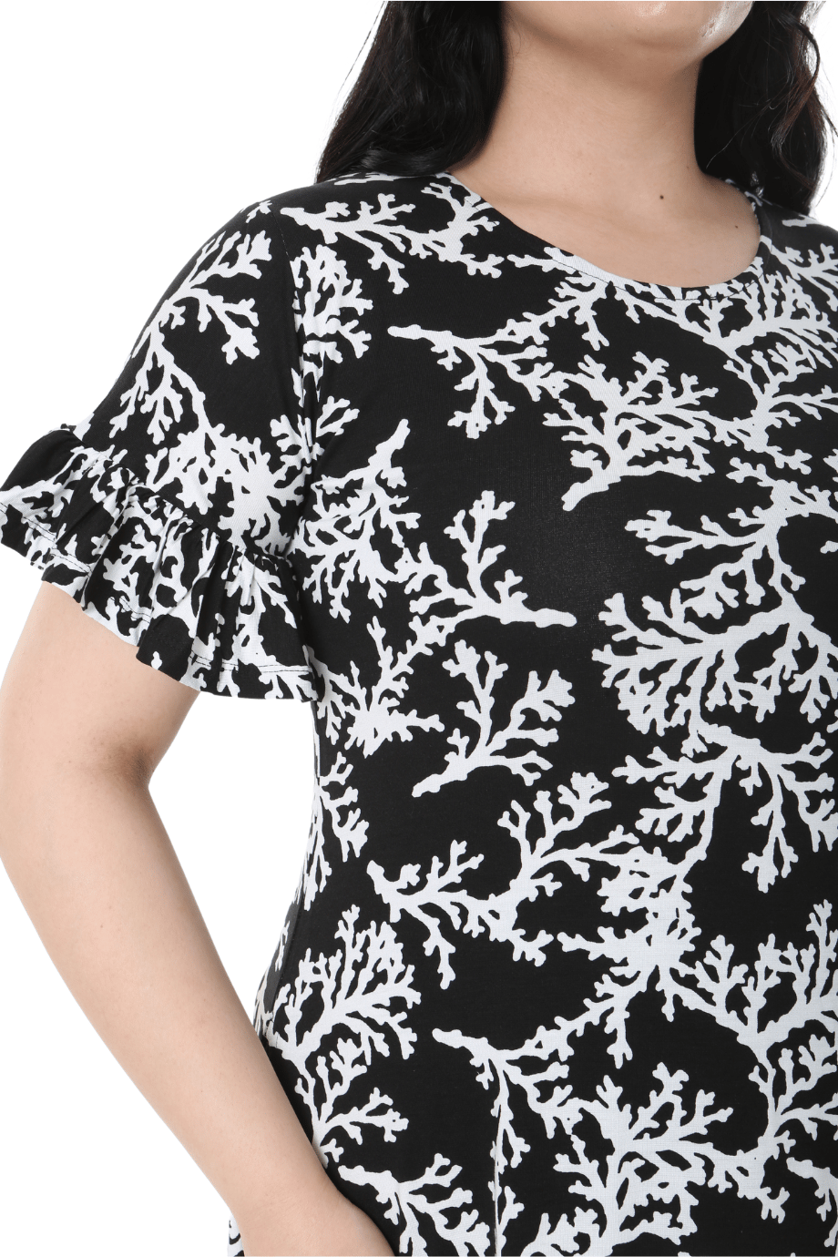 Melsay Butik Kısa Kollu Fırfırlı Cepli Siyah Beyaz Mercan Desenli Midi Elbise