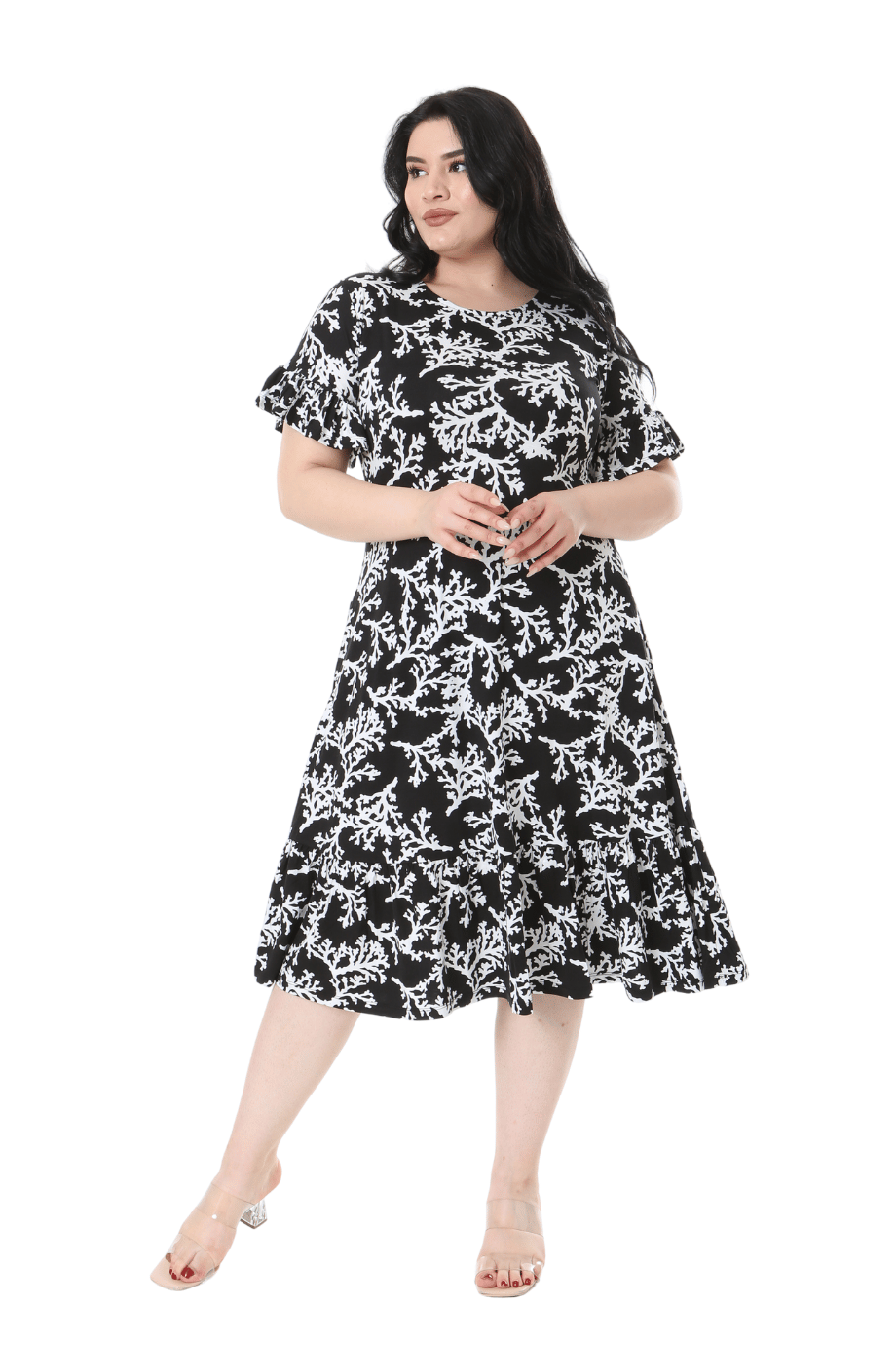 Melsay Butik Kısa Kollu Fırfırlı Cepli Siyah Beyaz Mercan Desenli Midi Elbise