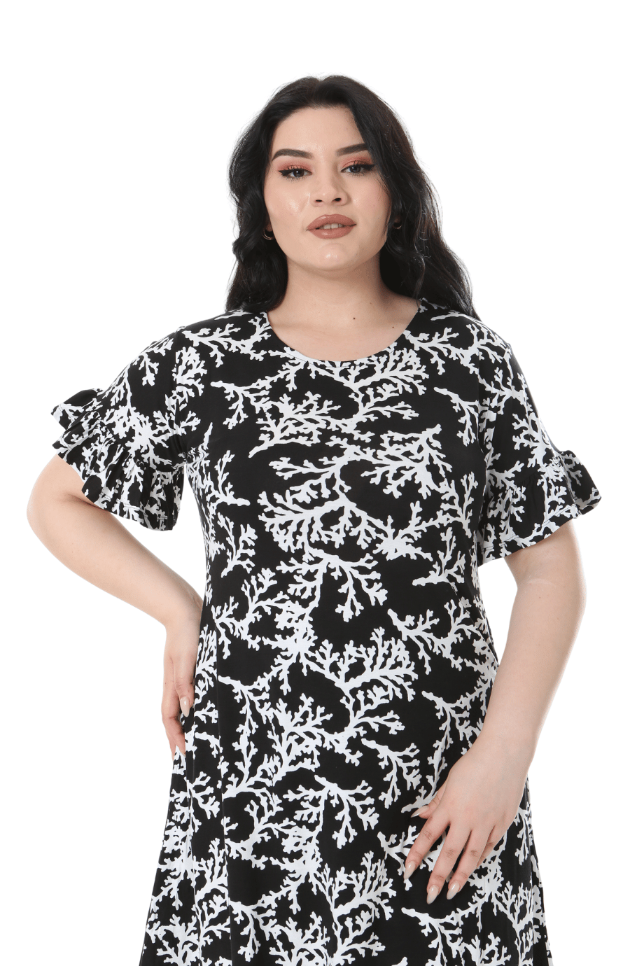 Melsay Butik Kısa Kollu Fırfırlı Cepli Siyah Beyaz Mercan Desenli Midi Elbise