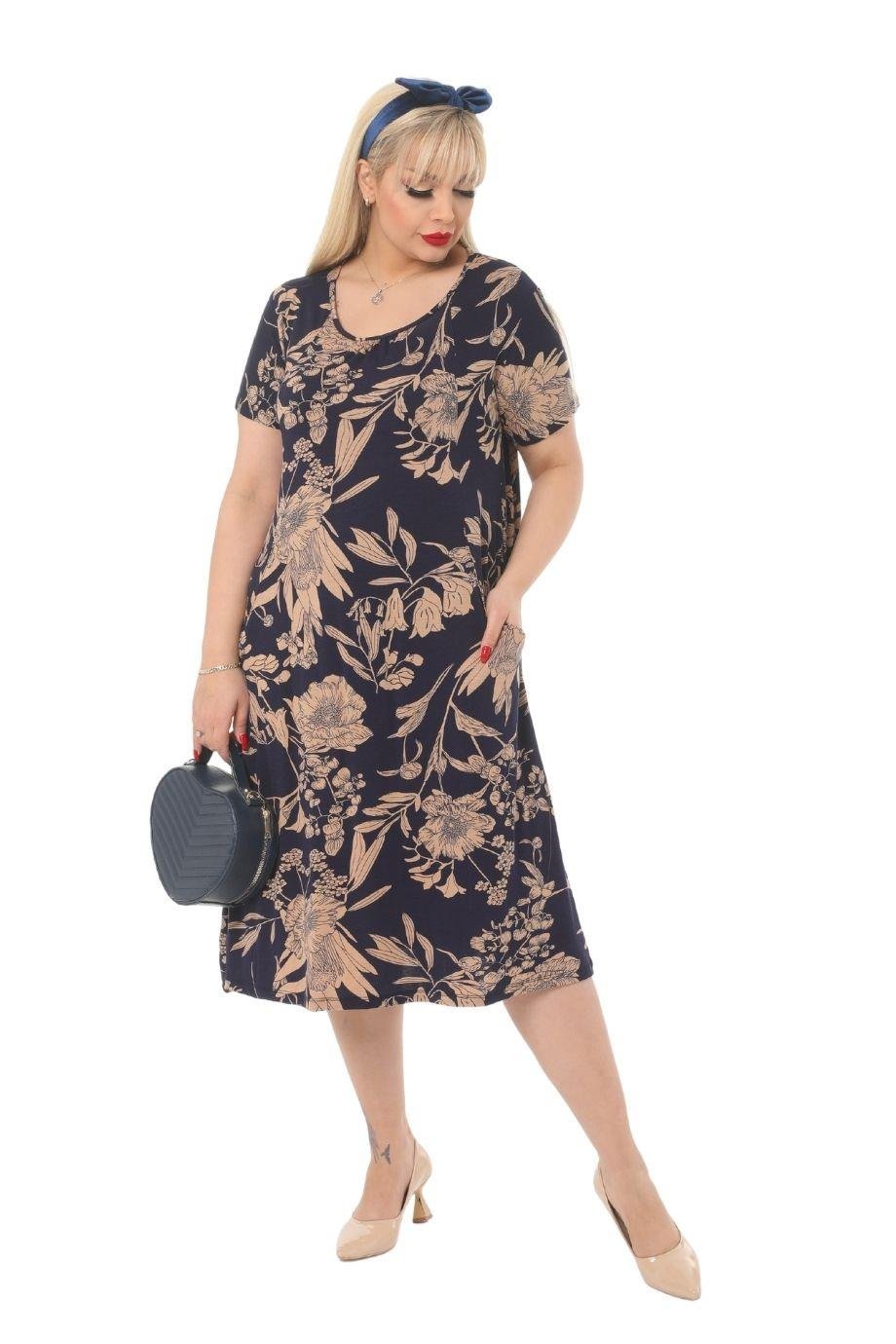 Melsay Butik Lacivert Yaprak Kuplu Cepli Kısa Kol Kadın Midi Elbise