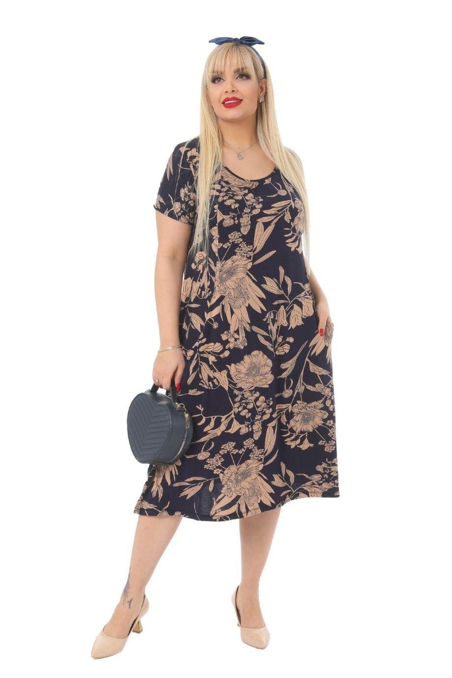 Melsay Butik Lacivert Yaprak Kuplu Cepli Kısa Kol Kadın Midi Elbise