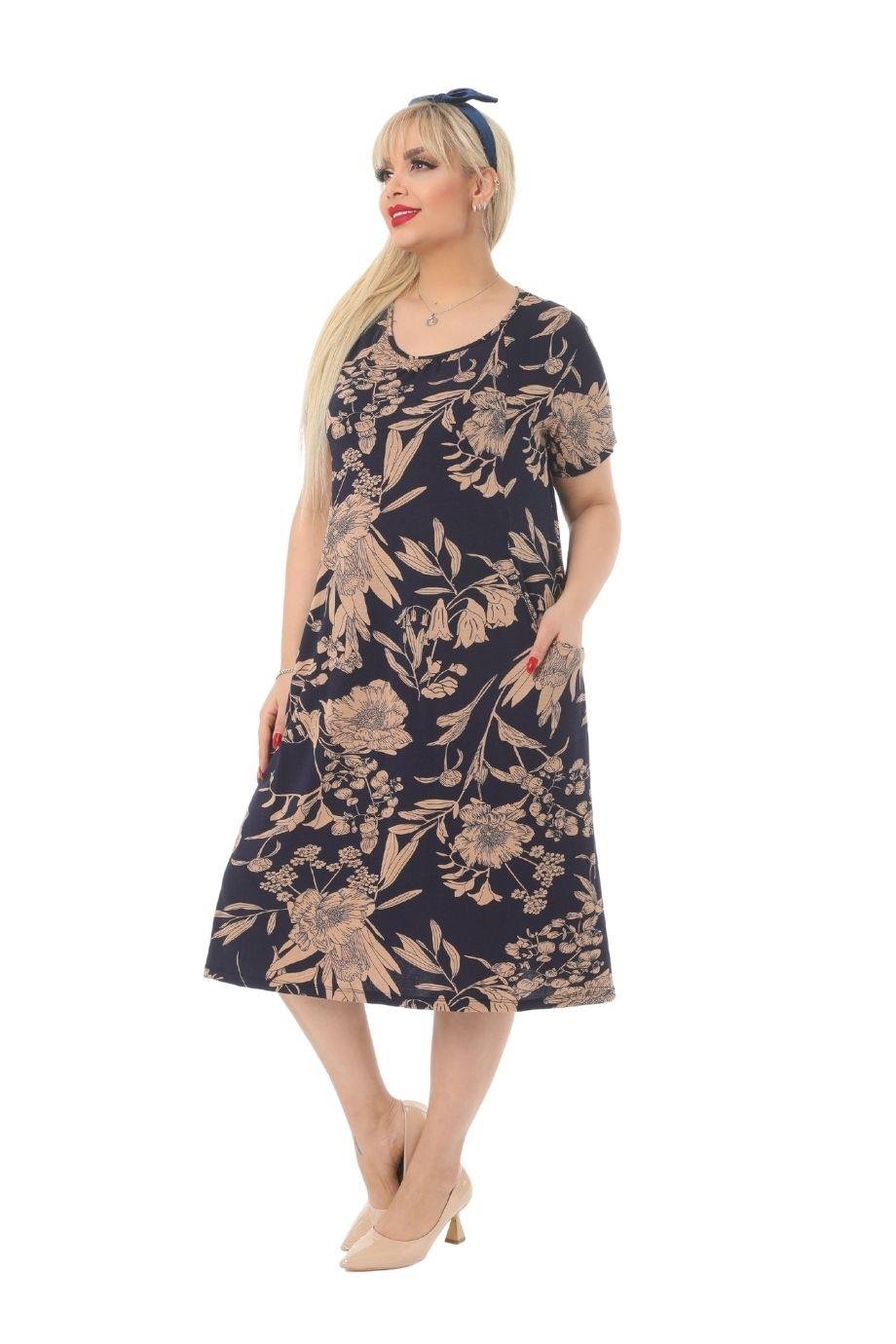 Melsay Butik Lacivert Yaprak Kuplu Cepli Kısa Kol Kadın Midi Elbise