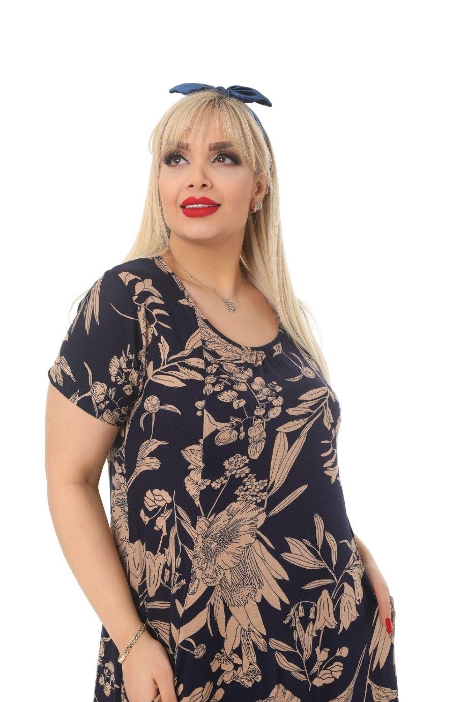 Melsay Butik Lacivert Yaprak Kuplu Cepli Kısa Kol Kadın Midi Elbise