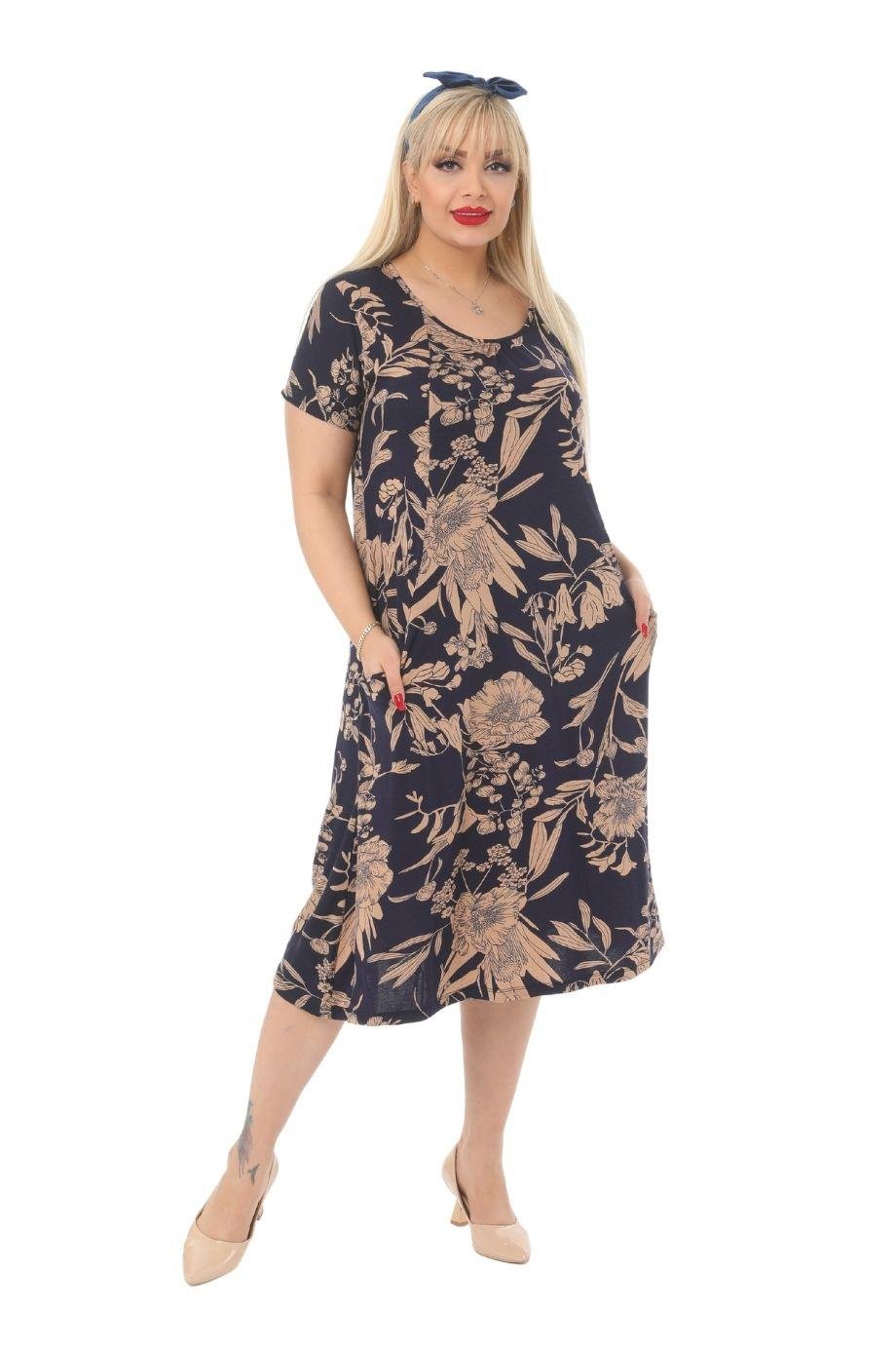 Melsay Butik Lacivert Yaprak Kuplu Cepli Kısa Kol Kadın Midi Elbise