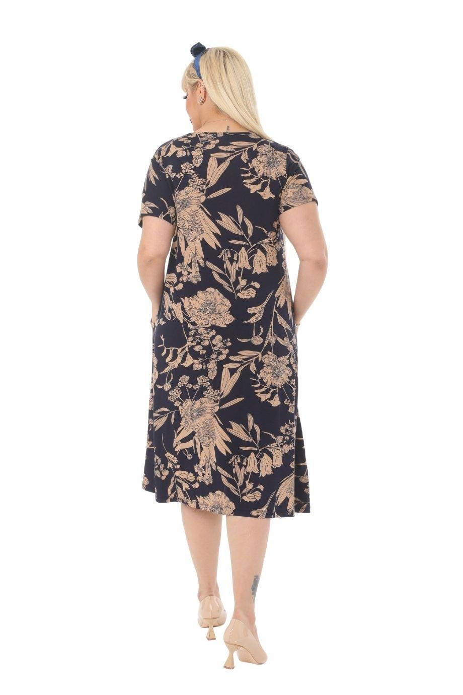 Melsay Butik Lacivert Yaprak Kuplu Cepli Kısa Kol Kadın Midi Elbise