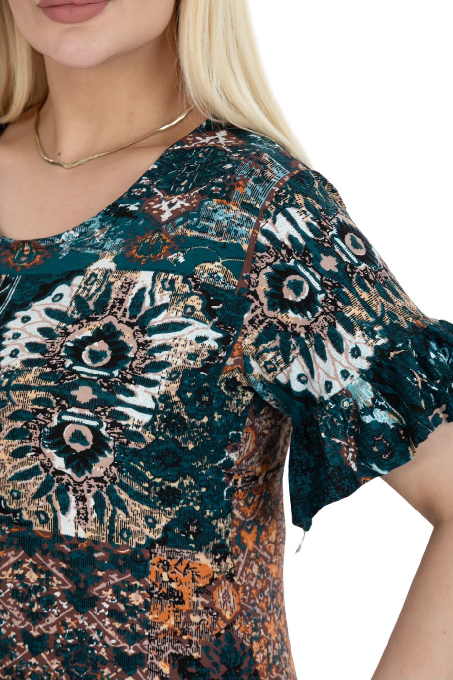 Melsay Butik Petrol Etnik Desen Fırfırlı Kısa Kollu Kadın Midi Elbise