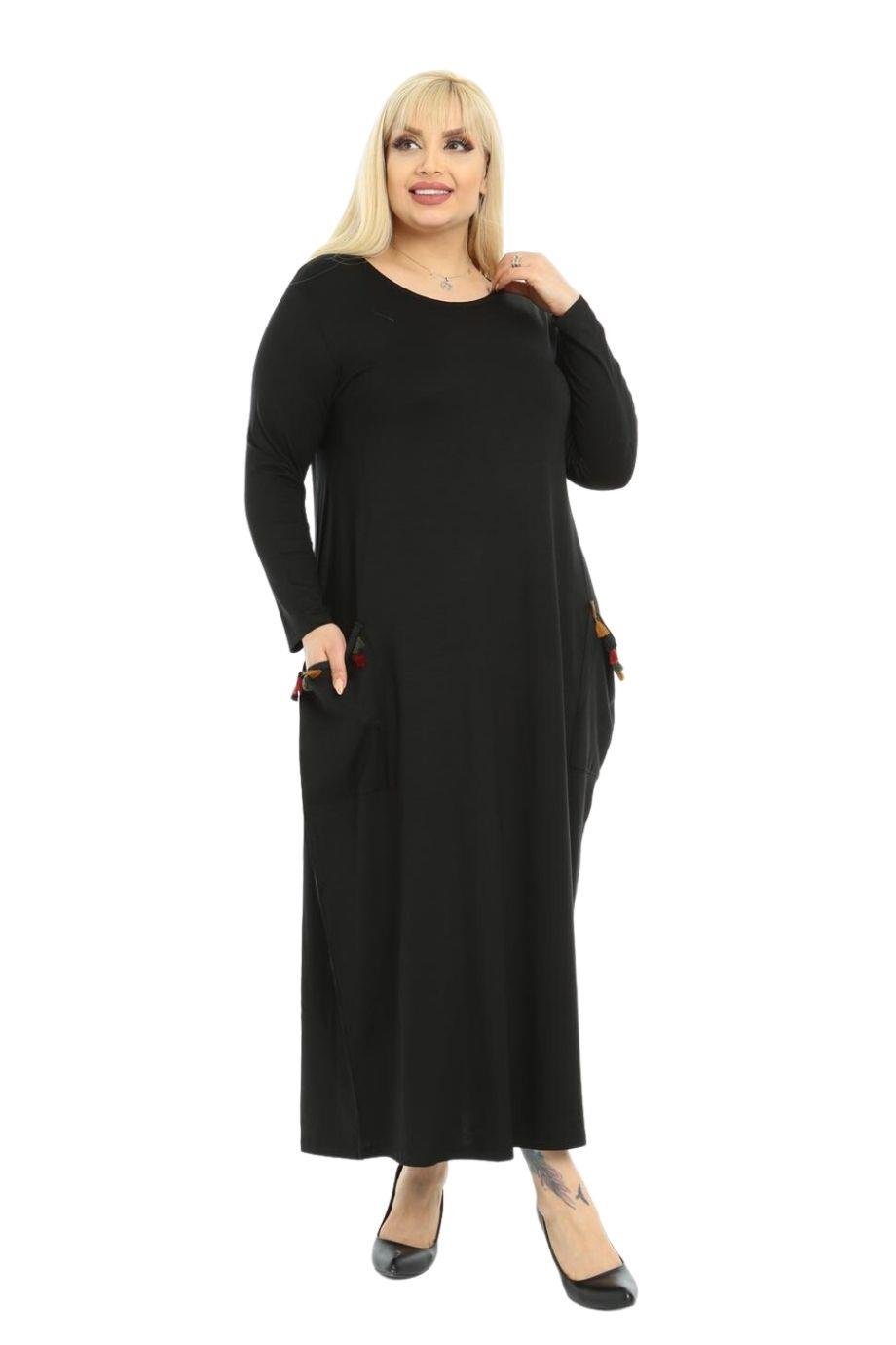 Melsay Butik Püsküllü Cepli Kadın Uzun Kollu Siyah Tesettür Elbise
