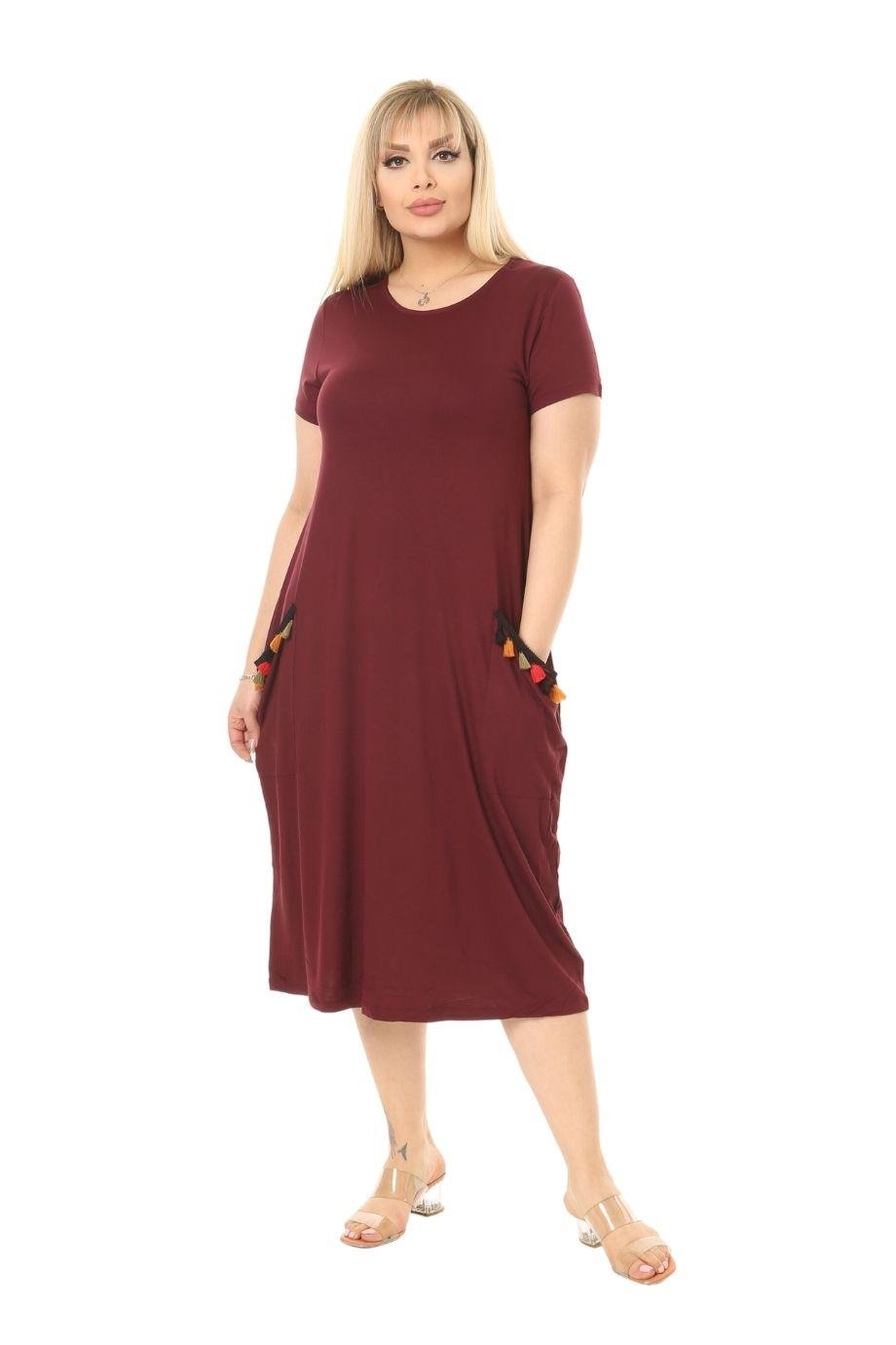 Melsay Butik Püsküllü Cepli Kısa Kollu Bordo Midi Elbise