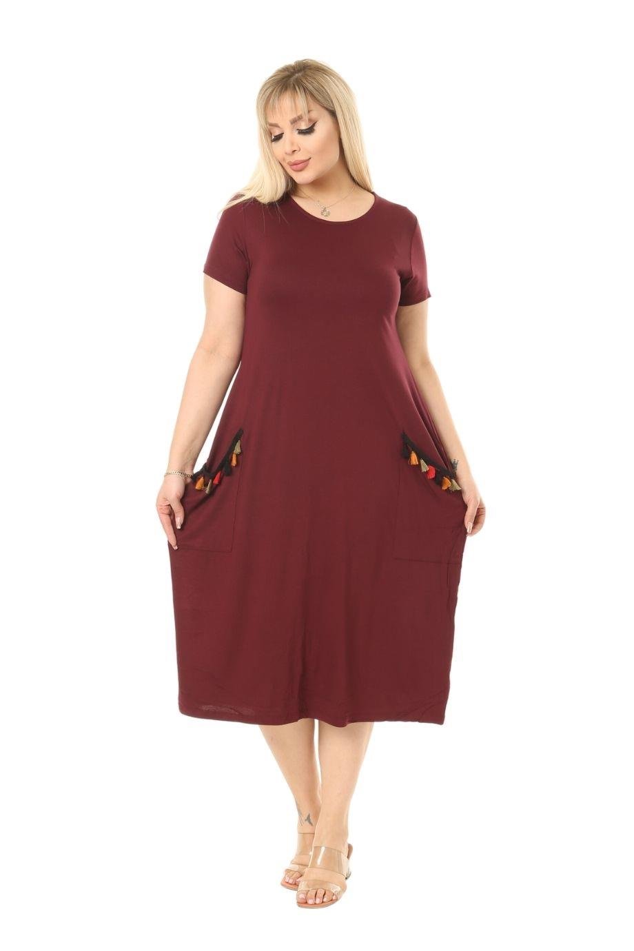 Melsay Butik Püsküllü Cepli Kısa Kollu Bordo Midi Elbise