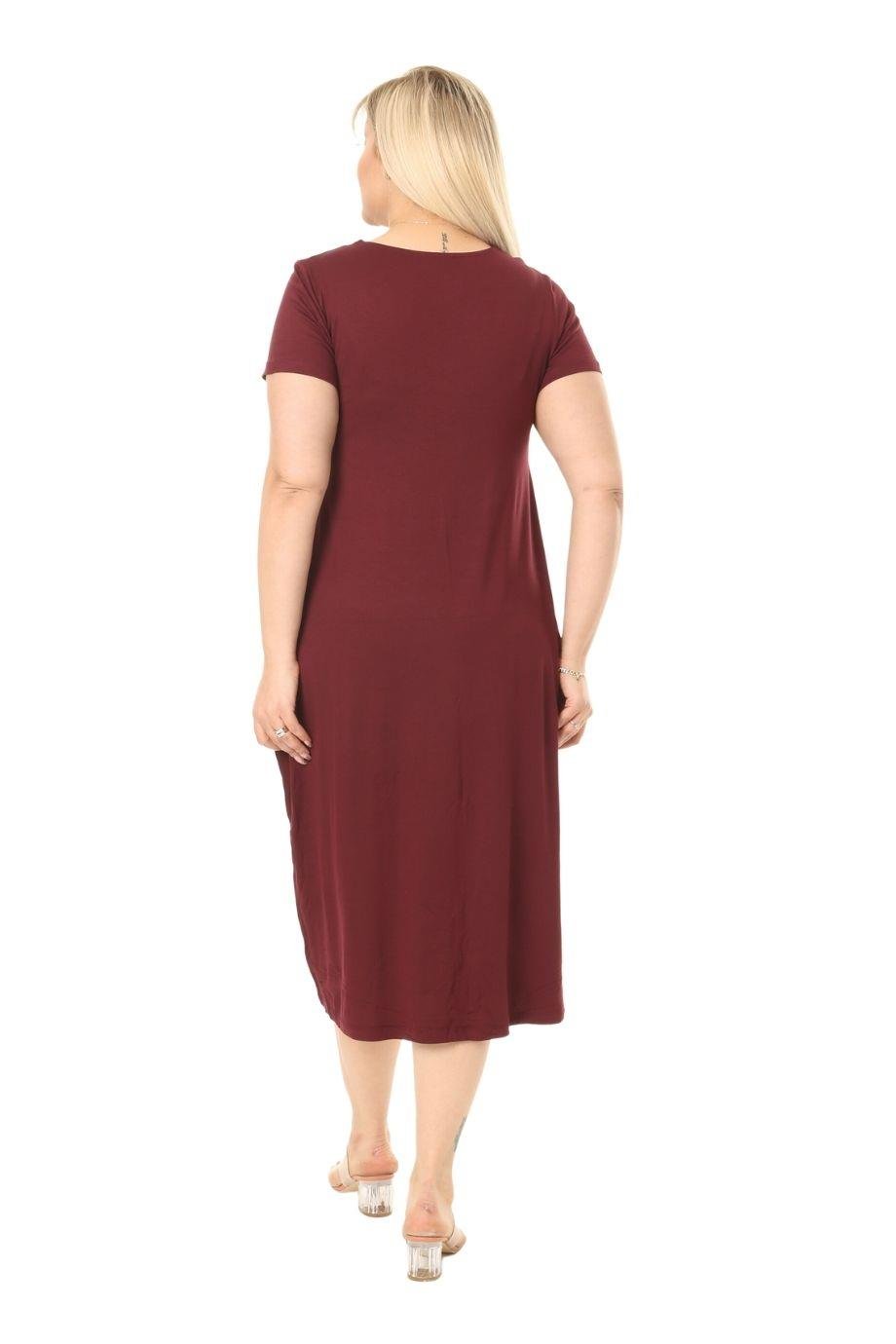 Melsay Butik Püsküllü Cepli Kısa Kollu Bordo Midi Elbise