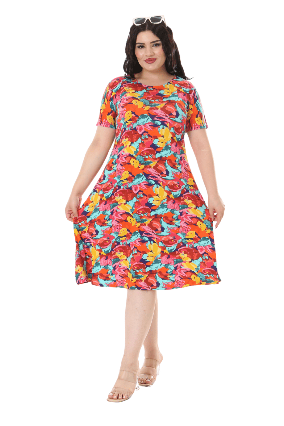 Melsay Butik Sarı Gül Desen Kısa Kollu Büyük Beden Midi Elbise