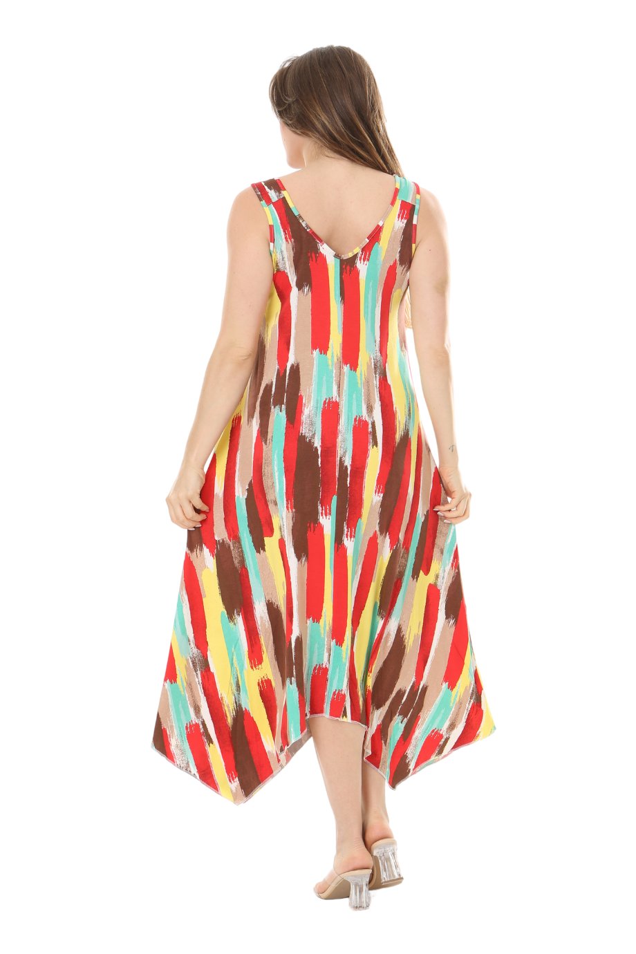 Melsay Butik Sarı Yağlıboya Desen Askılı V Yaka Elbise