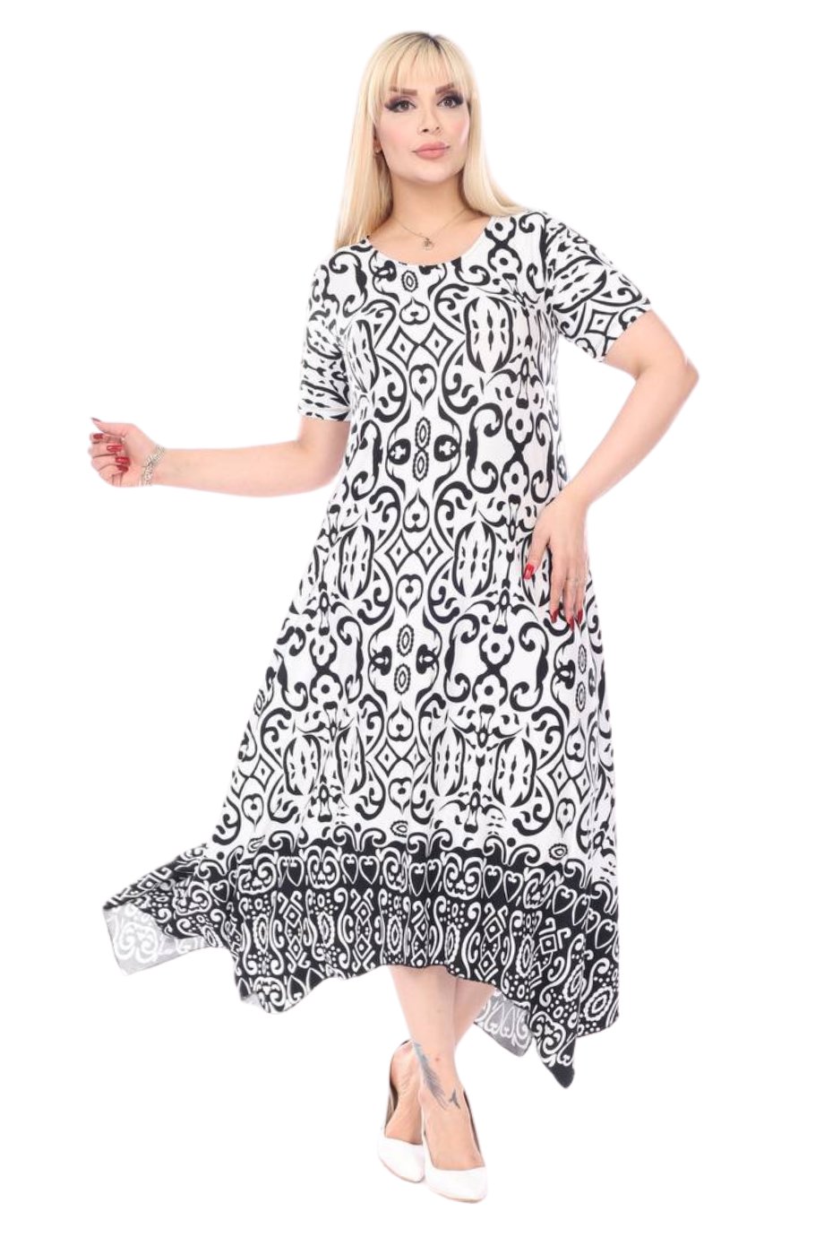 Melsay Butik Siyah Beyaz Kilim Desen Asimetrik Kısa Kollu Elbise