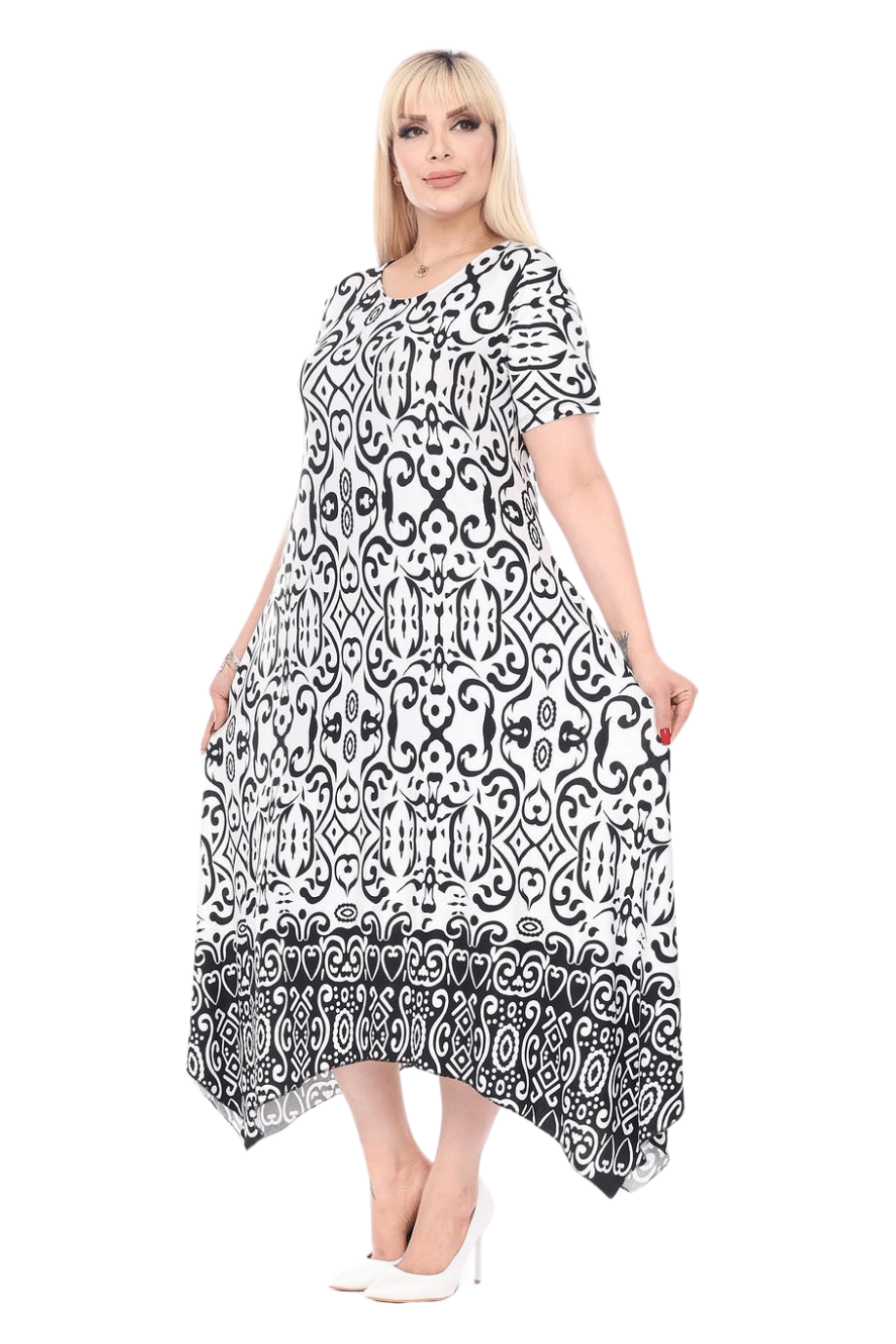 Melsay Butik Siyah Beyaz Kilim Desen Asimetrik Kısa Kollu Elbise