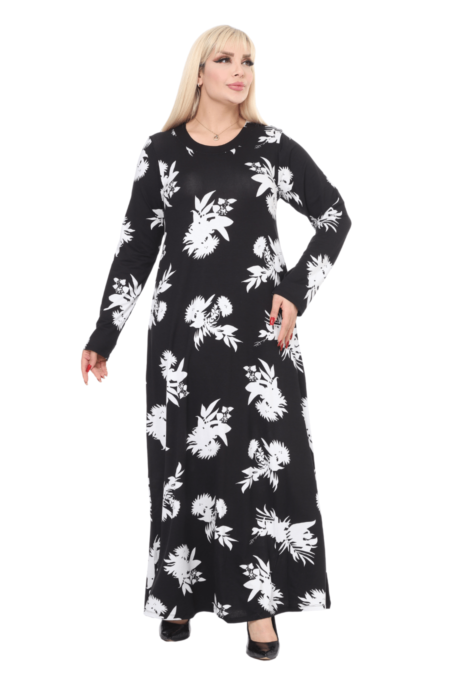 Melsay Butik Siyah Beyaz Yaprak Desen Uzun Kollu Kadın Tesettür Elbise