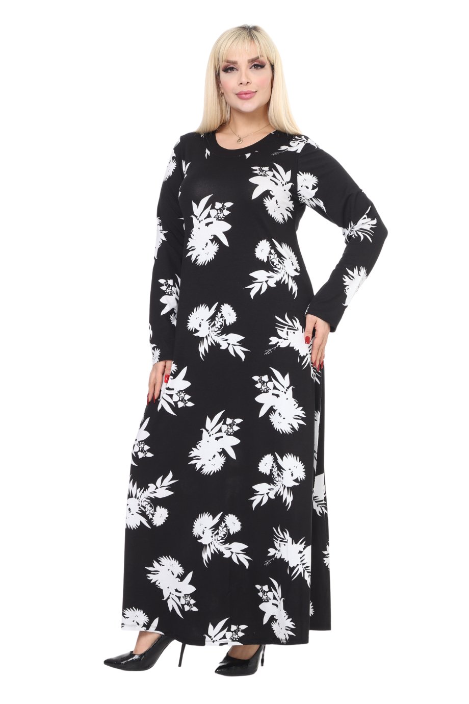 Melsay Butik Siyah Beyaz Yaprak Desen Uzun Kollu Kadın Tesettür Elbise